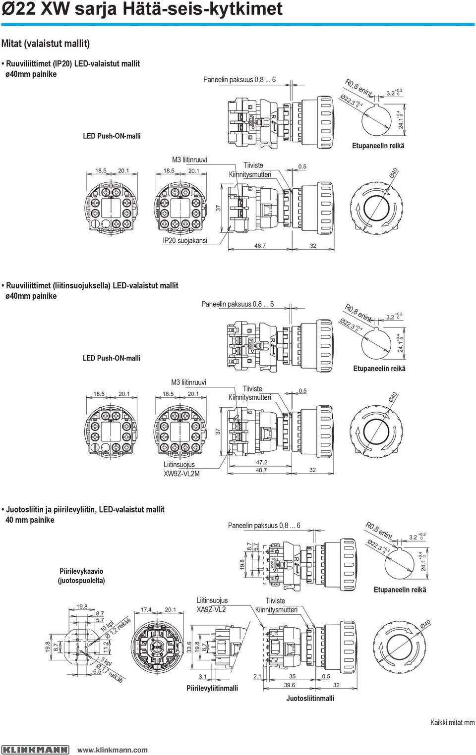Etupaneelin reikä 8.5. M3 liitinruuvi 8.5..5 Ø4 37 Liitinsuojus XW9Z-VLM 47. 4 3 Juotosliitin ja piirilevyliitin, -valaistut mallit 4 mm painike Paneelin paksuus,8... 6 R,8 enint. 3. +. Ø.3 +.4 9.8 5.