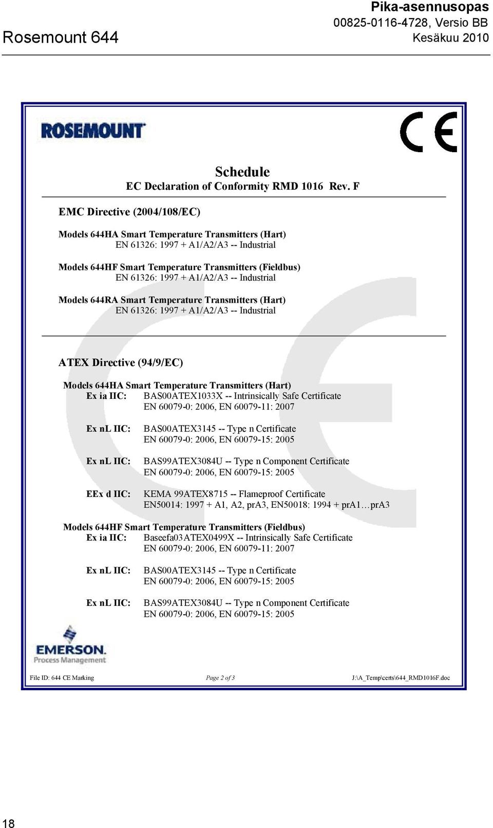 A1/A2/A3 -- Industrial Models 644RA Smart Temperature Transmitters (Hart) EN 61326: 1997 + A1/A2/A3 -- Industrial ATEX Directive (94/9/EC) Models 644HA Smart Temperature Transmitters (Hart) Ex ia