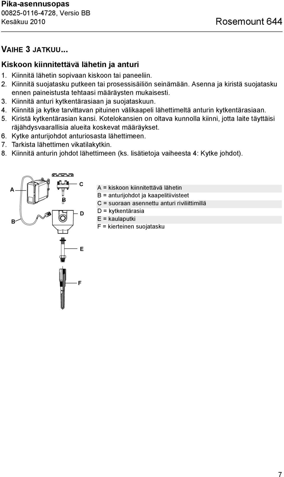 Kiinnitä ja kytke tarvittavan pituinen välikaapeli lähettimeltä anturin kytkentärasiaan. 5. Kiristä kytkentärasian kansi.