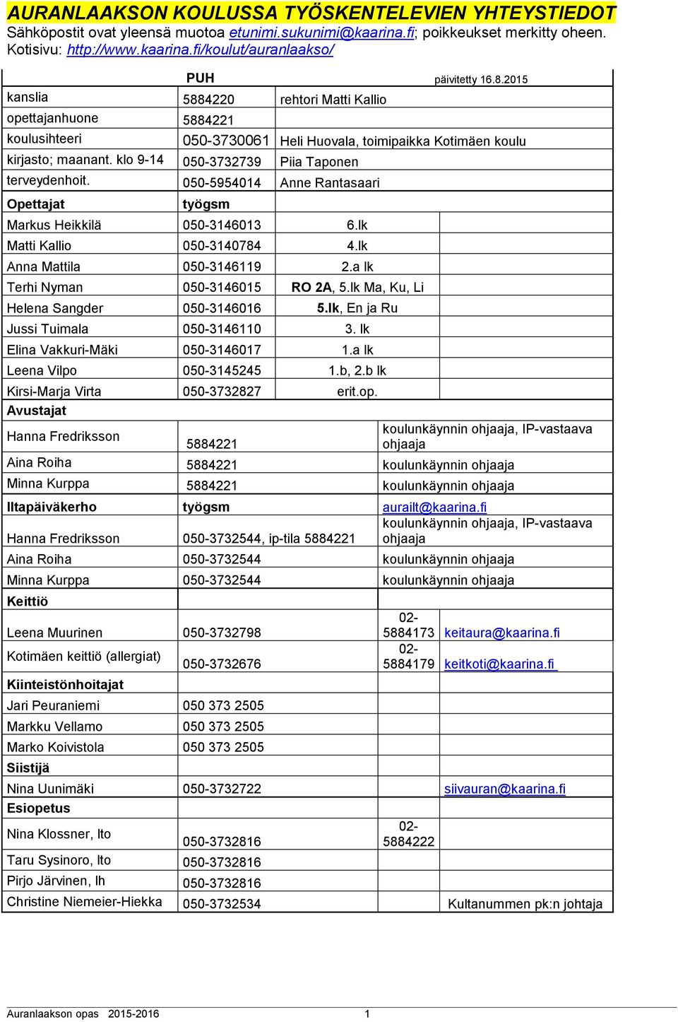 klo 9-14 050-3732739 Piia Taponen terveydenhoit. 050-5954014 Anne Rantasaari Opettajat työgsm Markus Heikkilä 050-3146013 6.lk Matti Kallio 050-3140784 4.lk Anna Mattila 050-3146119 2.