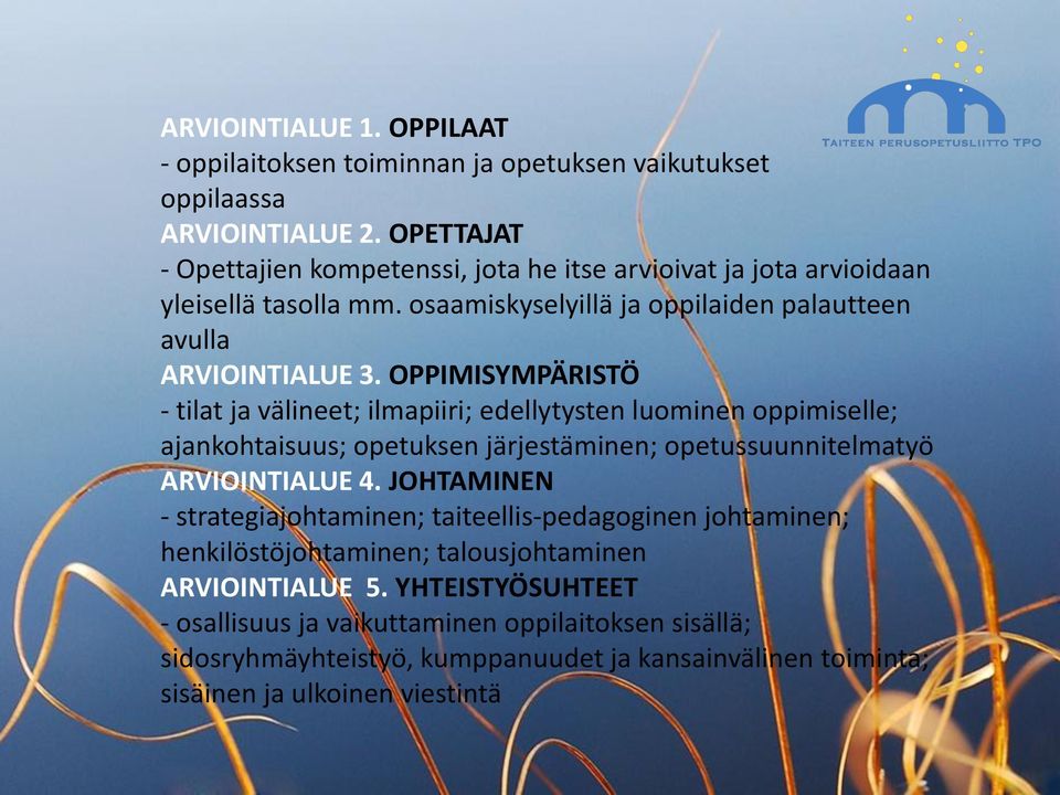 OPPIMISYMPÄRISTÖ - tilat ja välineet; ilmapiiri; edellytysten luominen oppimiselle; ajankohtaisuus; opetuksen järjestäminen; opetussuunnitelmatyö ARVIOINTIALUE 4.