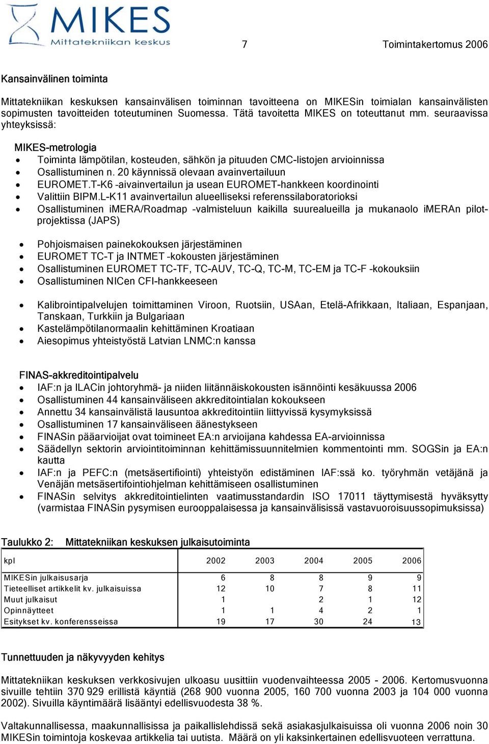 20 käynnissä olevaan avainvertailuun EUROMET.T-K6 aivainvertailun ja usean EUROMET-hankkeen koordinointi Valittiin BIPM.