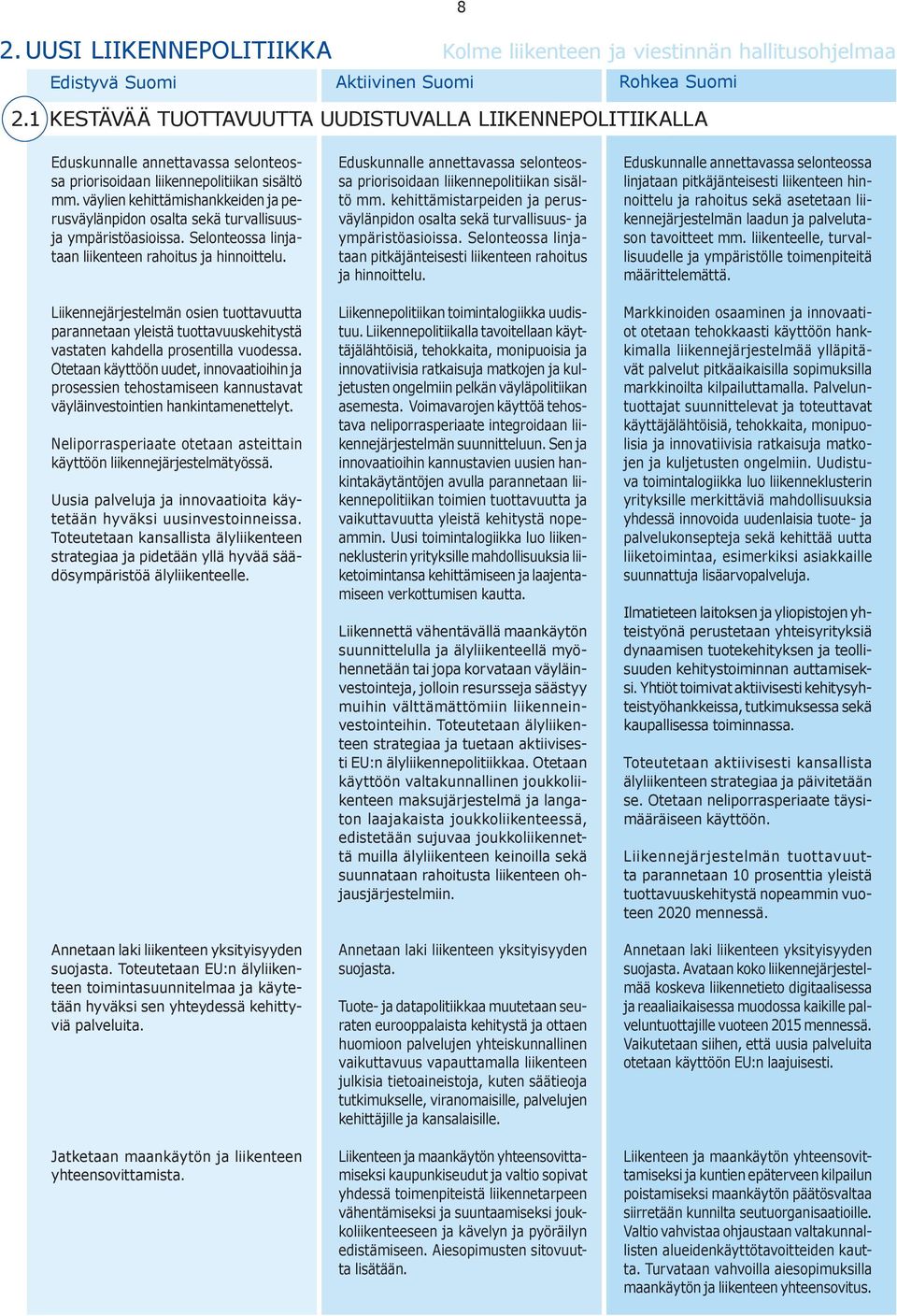 väylien kehittämishankkeiden ja perusväylänpidon osalta sekä turvallisuusja ympäristöasioissa. Selonteossa linjataan liikenteen rahoitus ja hinnoittelu.