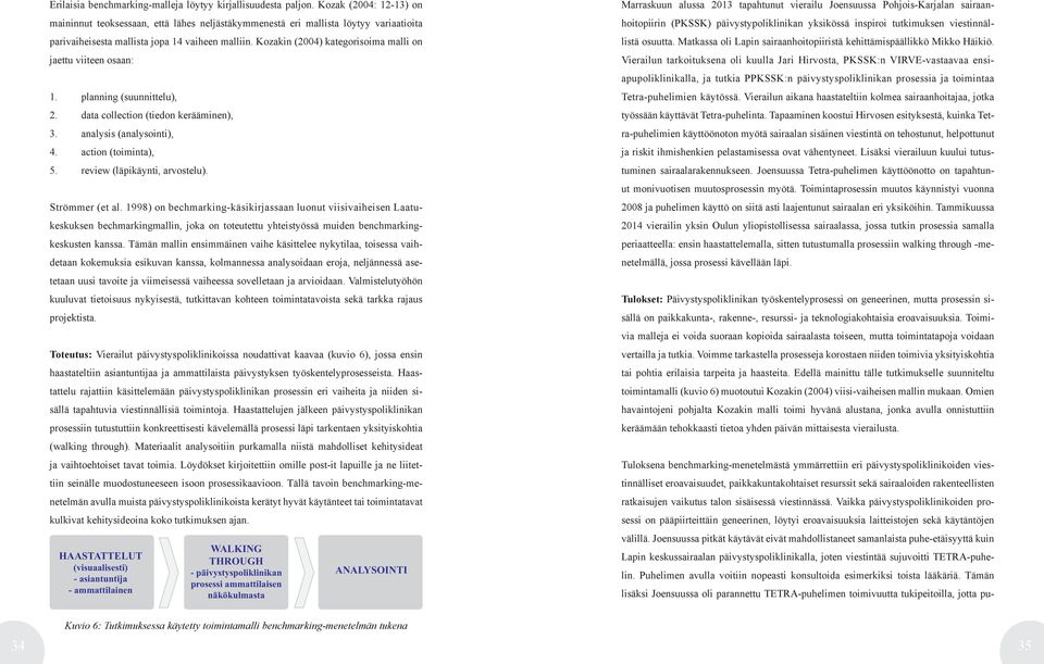 Kozakin (2004) kategorisoima malli on jaettu viiteen osaan: 1. planning (suunnittelu), 2. data collection (tiedon kerääminen), 3. analysis (analysointi), 4. action (toiminta), 5.