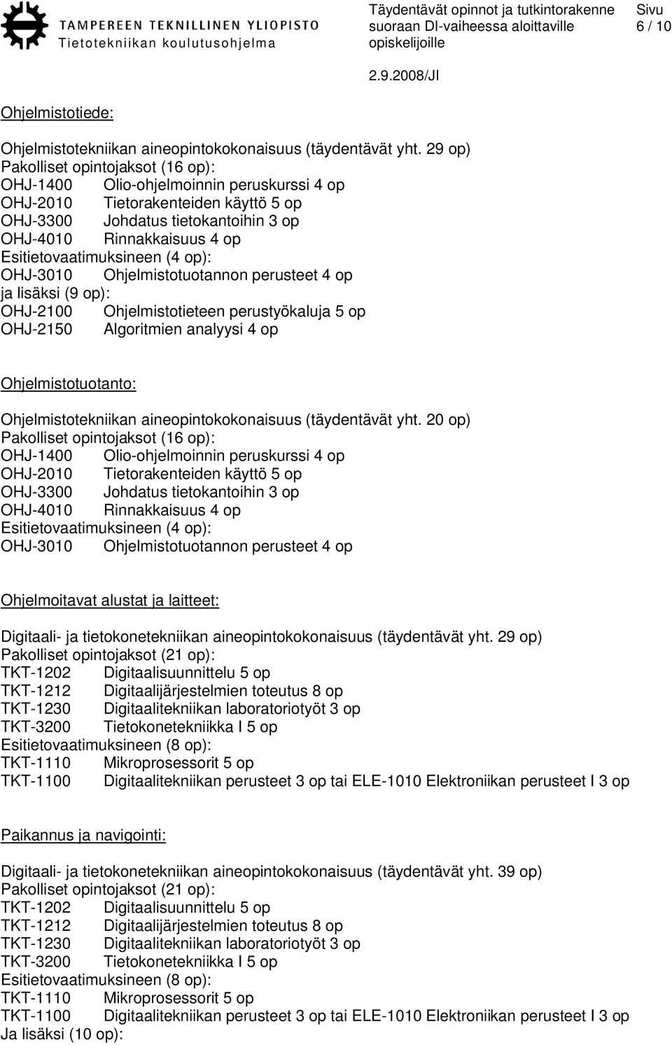 OHJ-2100 Ohjelmistotieteen perustyökaluja 5 op OHJ-2150 Algoritmien analyysi 4 op Ohjelmistotuotanto: Ohjelmistotekniikan aineopintokokonaisuus (täydentävät yht.