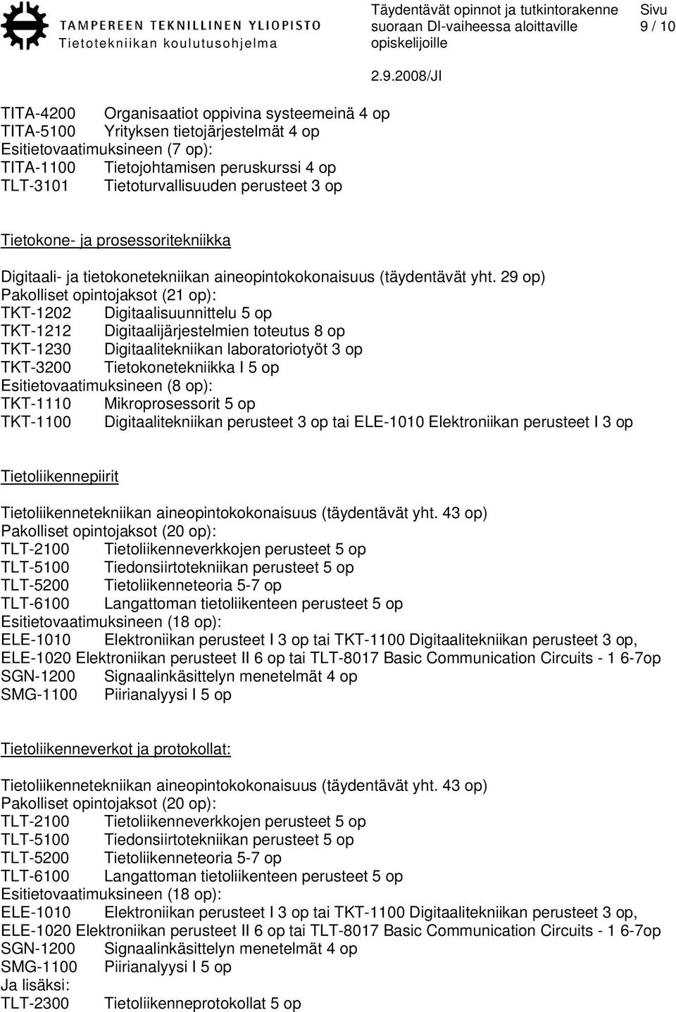 29 op) TKT-1202 Digitaalisuunnittelu 5 op TKT-1212 Digitaalijärjestelmien toteutus 8 op TKT-1230 Digitaalitekniikan laboratoriotyöt 3 op TKT-3200 Tietokonetekniikka I 5 op TKT-1110 Mikroprosessorit 5