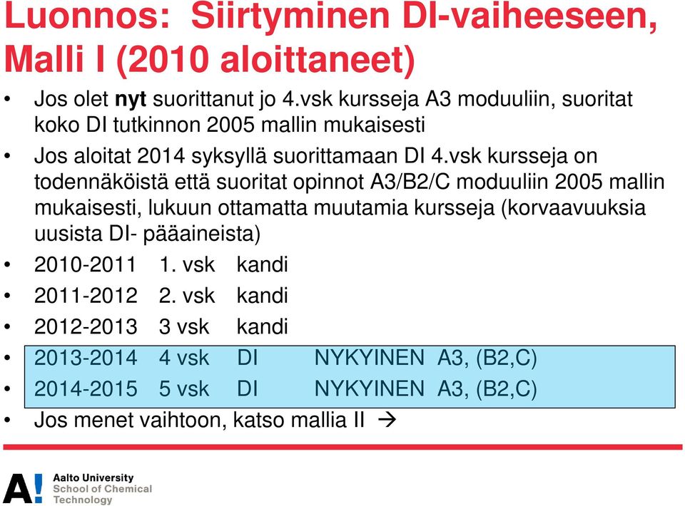 vsk kursseja on todennäköistä että suoritat opinnot A3/B2/C moduuliin 2005 mallin mukaisesti, lukuun ottamatta muutamia kursseja