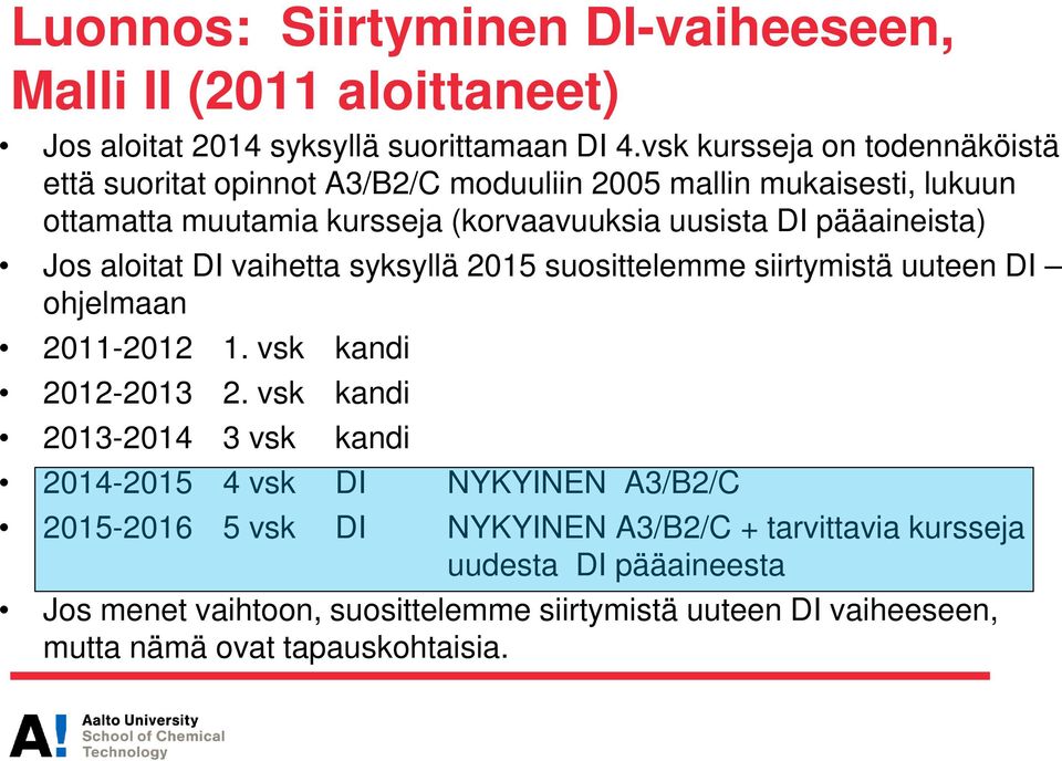 pääaineista) Jos aloitat DI vaihetta syksyllä 2015 suosittelemme siirtymistä uuteen DI ohjelmaan 2011-2012 1. vsk kandi 2012-2013 2.