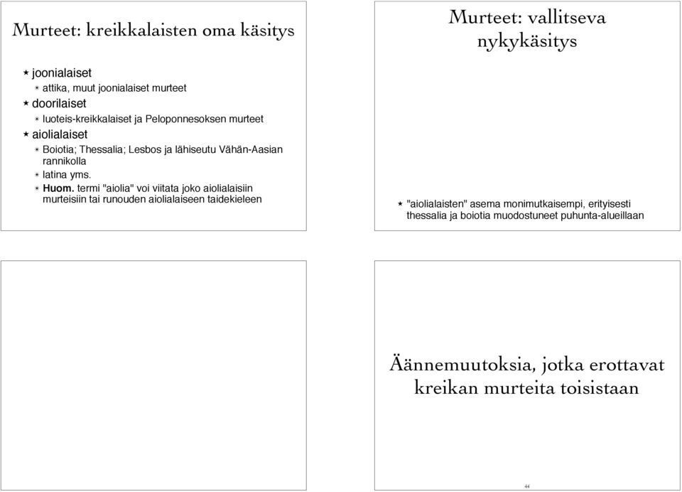 aiolialaiset " Boiotia; Thessalia; Lesbos ja lähiseutu Vähän-Aasian rannikolla " latina yms. " Huom.