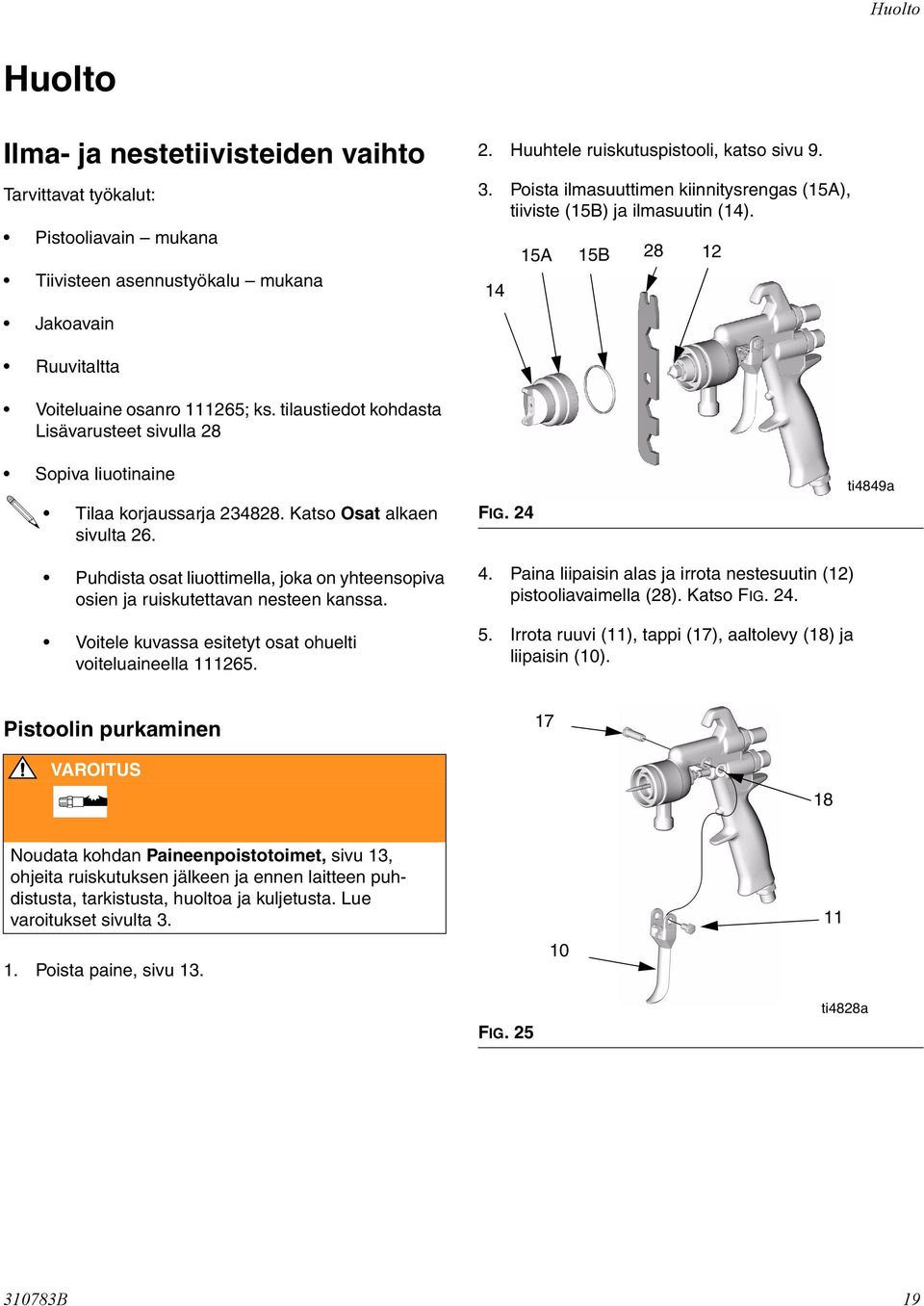 tilaustiedot kohdasta Lisävarusteet sivulla 28 Sopiva liuotinaine Tilaa korjaussarja 234828. Katso Osat alkaen sivulta 26. FIG.