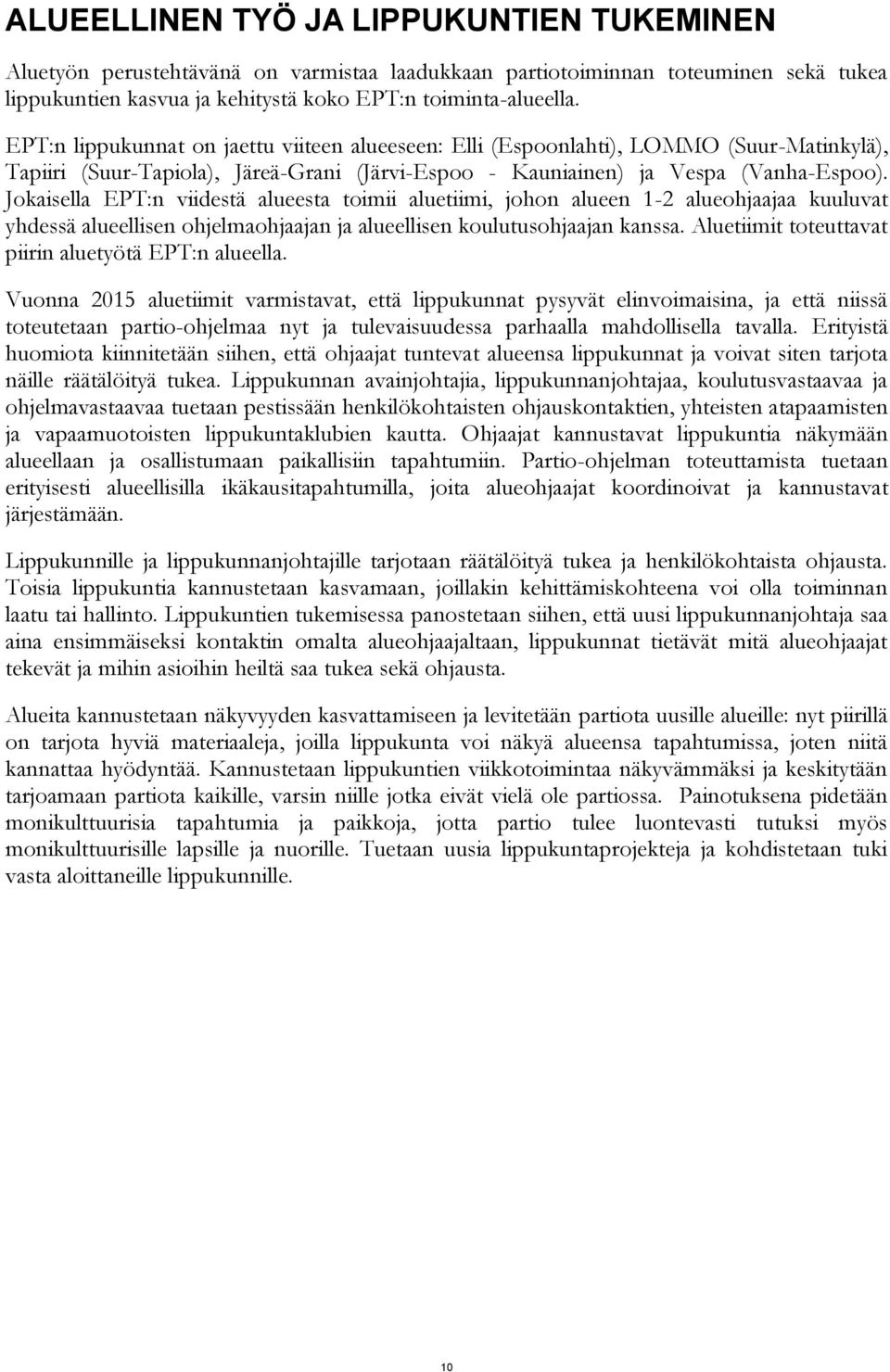 Jokaisella EPT:n viidestä alueesta toimii aluetiimi, johon alueen 1-2 alueohjaajaa kuuluvat yhdessä alueellisen ohjelmaohjaajan ja alueellisen koulutusohjaajan kanssa.