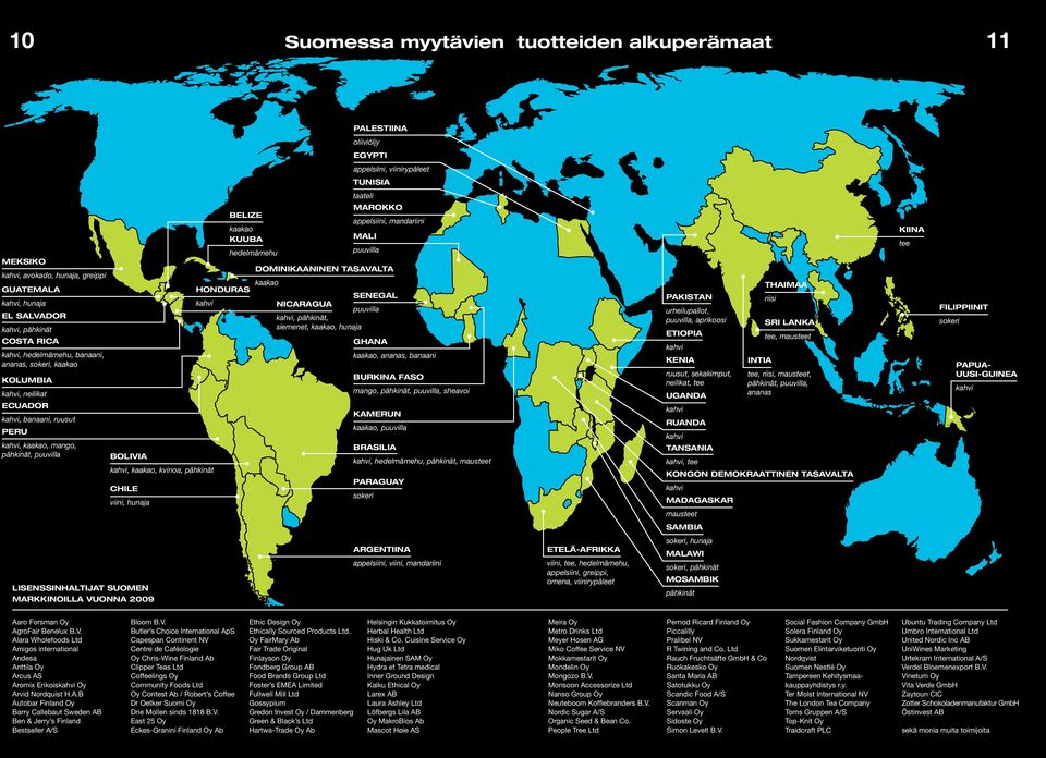 kaakao Kuuba hedelmämehu Marokko appelsiini, mandariini Mali puuvilla Dominikaaninen tasavalta kaakao Honduras Senegal Nicaragua puuvilla, pähkinät, siemenet, kaakao, hunaja Ghana kaakao, ananas,