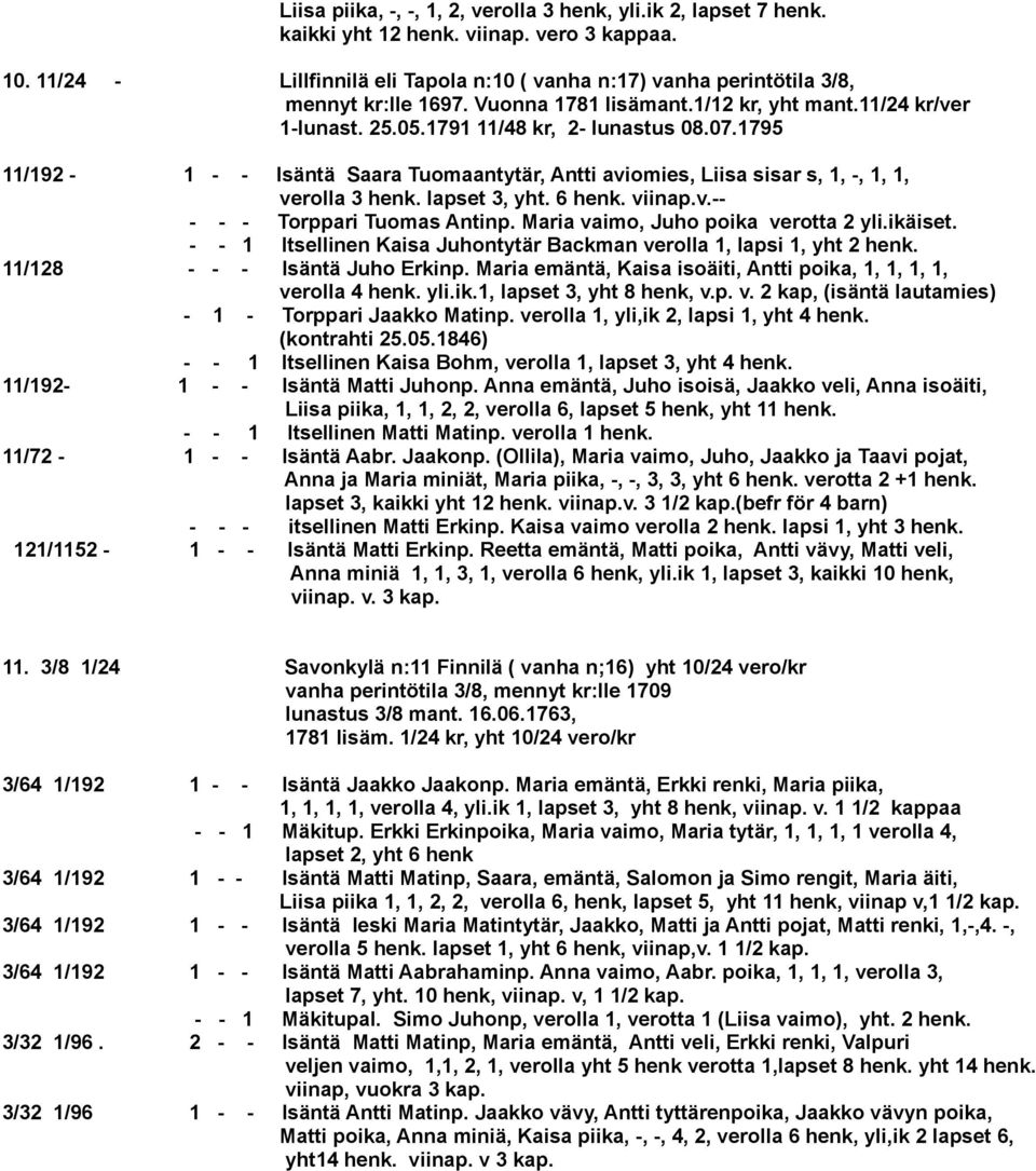 1795 11/192-1 - - Isäntä Saara Tuomaantytär, Antti aviomies, Liisa sisar s, 1, -, 1, 1, verolla 3 henk. lapset 3, yht. 6 henk. viinap.v.-- - - - Torppari Tuomas Antinp.