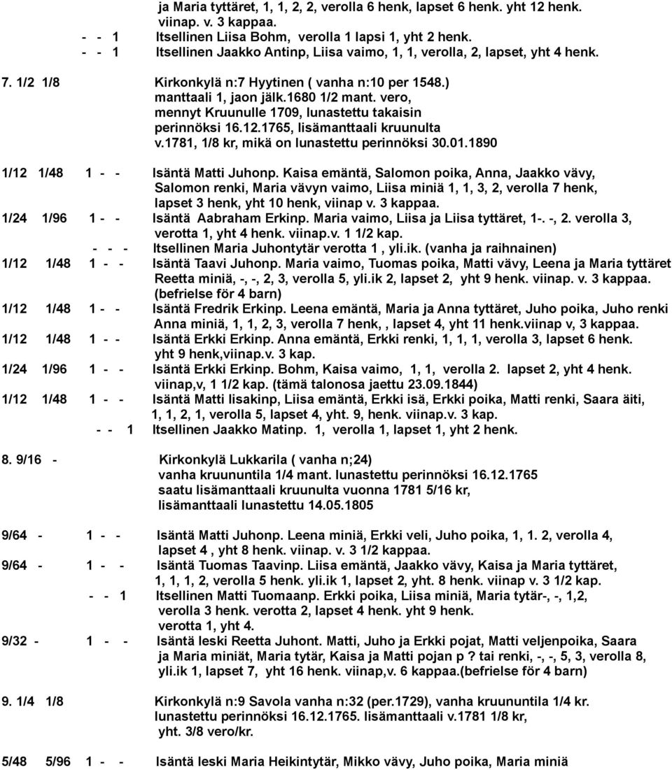 vero, mennyt Kruunulle 1709, lunastettu takaisin perinnöksi 16.12.1765, lisämanttaali kruunulta v.1781, 1/8 kr, mikä on lunastettu perinnöksi 30.01.1890 1/12 1/48 1 - - Isäntä Matti Juhonp.