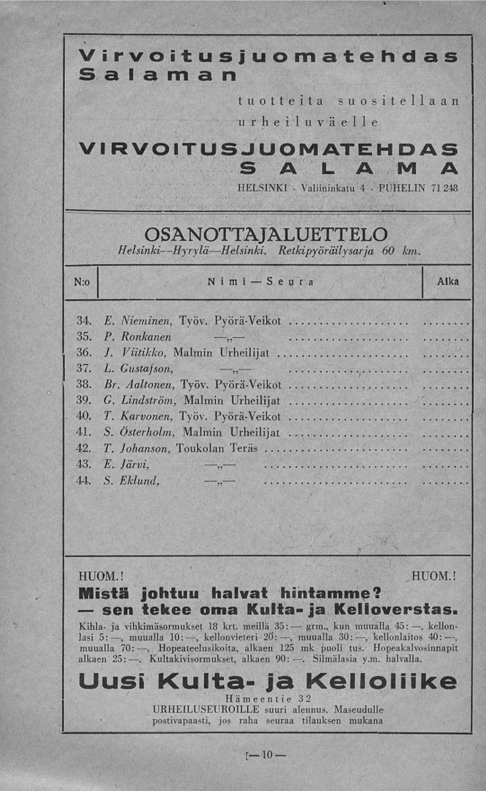 Retkipyöräilysarja 60 km. N:o Nimi Aika 34. E. Nieminen, Työv. Pyörä-Veikot 35. P. Ronkanen 3.6. /. Viitikko, Malmin Urheilijat 37. L. Gustafson, 38. Br. Aaltonen, Työv. Pyörä-Veikot 39. G. Lindström, Malmin Urheilijat 40.