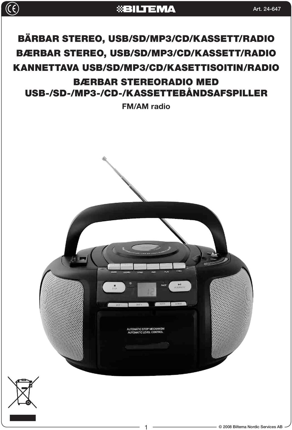 USB/SD/MP3/CD/Kasettisoitin/Radio Bærbar stereoradio med