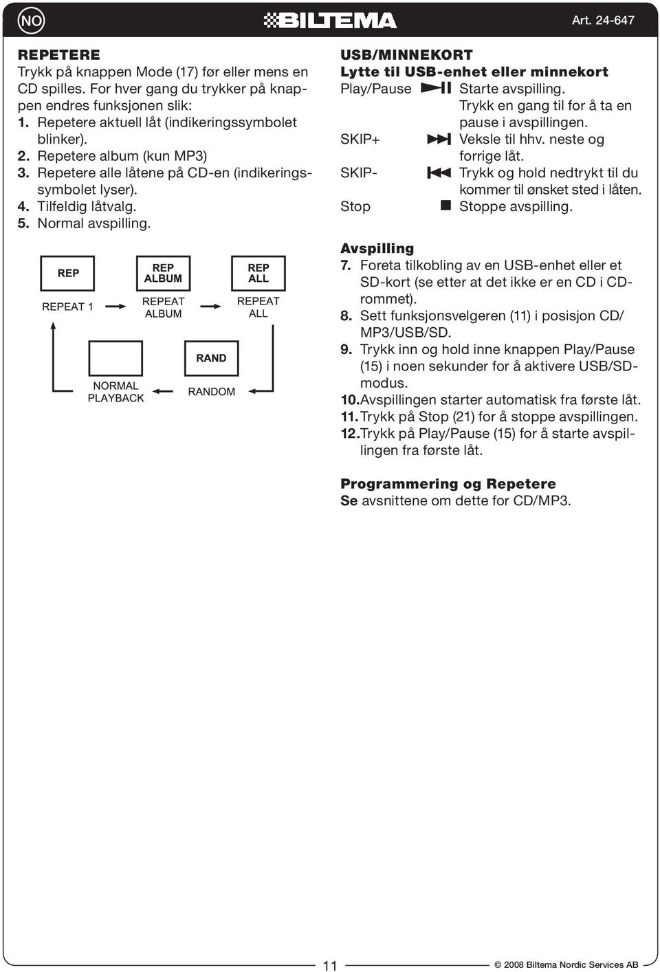 USB/Minnekort Lytte til USB-enhet eller minnekort Play/Pause Starte avspilling. Trykk en gang til for å ta en pause i avspillingen. SKIP+ Veksle til hhv. neste og forrige låt.