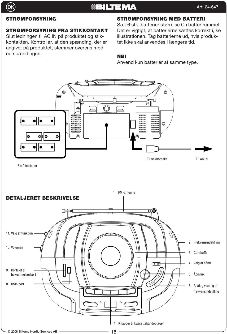 Tag batterierne ud, hvis produktet ikke skal anvendes i længere tid. NB! Anvend kun batterier af samme type. 6 x C batterier Til stikkontakt Til AC IN Detaljeret beskrivelse 1. FM-antenne 11.