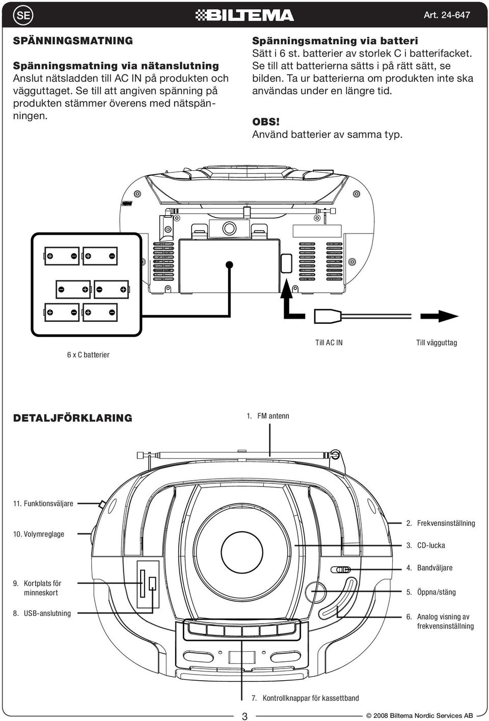 Ta ur batterierna om produkten inte ska användas under en längre tid. OBS! Använd batterier av samma typ. 6 x C batterier Till AC IN Till vägguttag Detaljförklaring 1. FM antenn 11.