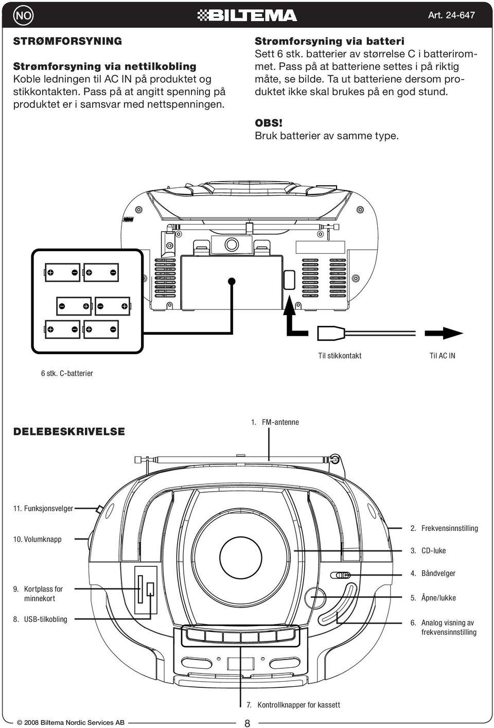 Ta ut batteriene dersom produktet ikke skal brukes på en god stund. OBS! Bruk batterier av samme type. Til stikkontakt Til AC IN 6 stk. C-batterier Delebeskrivelse 1. FM-antenne 11.