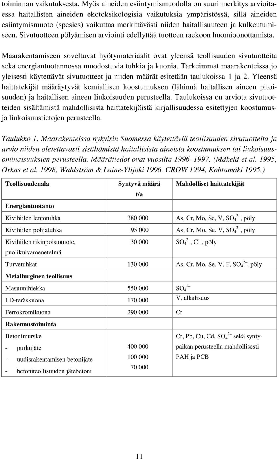 niiden haitallisuuteen ja kulkeutumiseen. Sivutuotteen pölyämisen arviointi edellyttää tuotteen raekoon huomioonottamista.