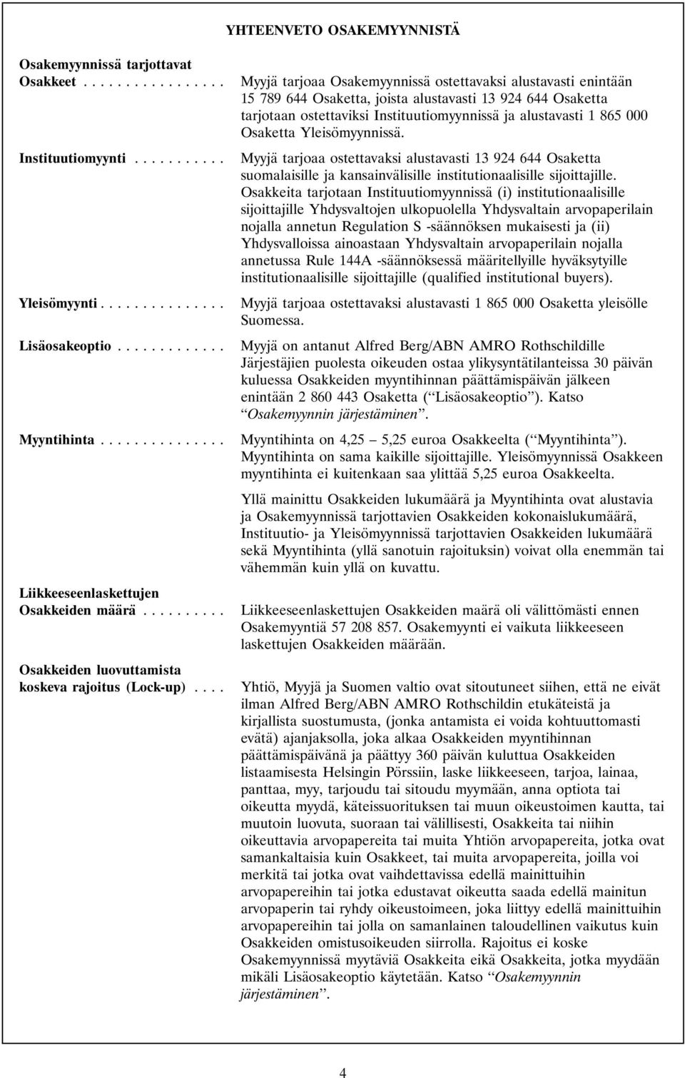 .. Myyjä tarjoaa Osakemyynnissä ostettavaksi alustavasti enintään 15 789 644 Osaketta, joista alustavasti 13 924 644 Osaketta tarjotaan ostettaviksi Instituutiomyynnissä ja alustavasti 1 865 000