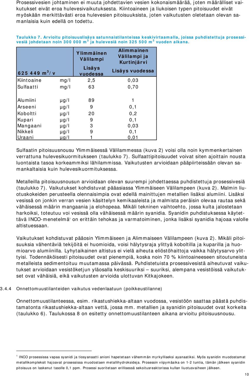 Arvioitu pitoisuuslisäys satunnaistilanteissa keskivirtaamalla, joissa puhdistettuja prosessivesiä johdetaan noin 300 000 m 3 ja hulevesiä noin 325 500 m 3 vuoden aikana.