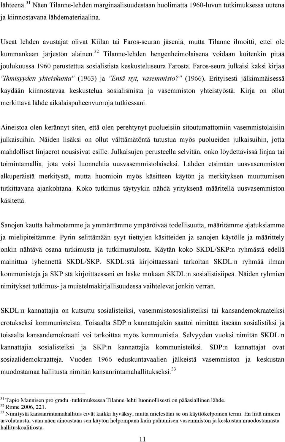 32 Tilanne-lehden hengenheimolaisena voidaan kuitenkin pitää joulukuussa 1960 perustettua sosialistista keskusteluseura Farosta.