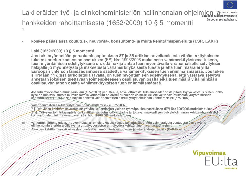 N:o 1998/2006 mukaisena vähämerkityksisenä tukena, tuen myöntämisen edellytyksenä on, että hakija antaa tuen myöntävälle viranomaiselle selvityksen hakijalle jo myönnetystä ja maksetusta