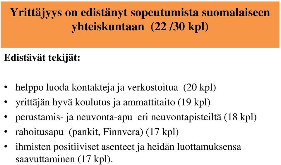 ammattitaito (19 kpl) perustamis- ja neuvonta-apu eri neuvontapisteiltä (18 kpl) rahoitusapu