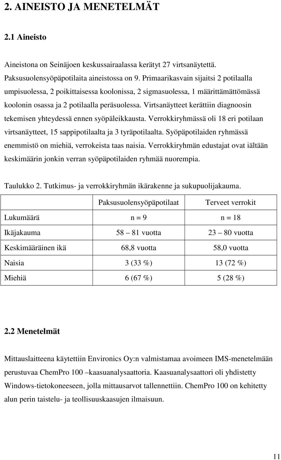 Virtsanäytteet kerättiin diagnoosin tekemisen yhteydessä ennen syöpäleikkausta. Verrokkiryhmässä oli 18 eri potilaan virtsanäytteet, 15 sappipotilaalta ja 3 tyräpotilaalta.