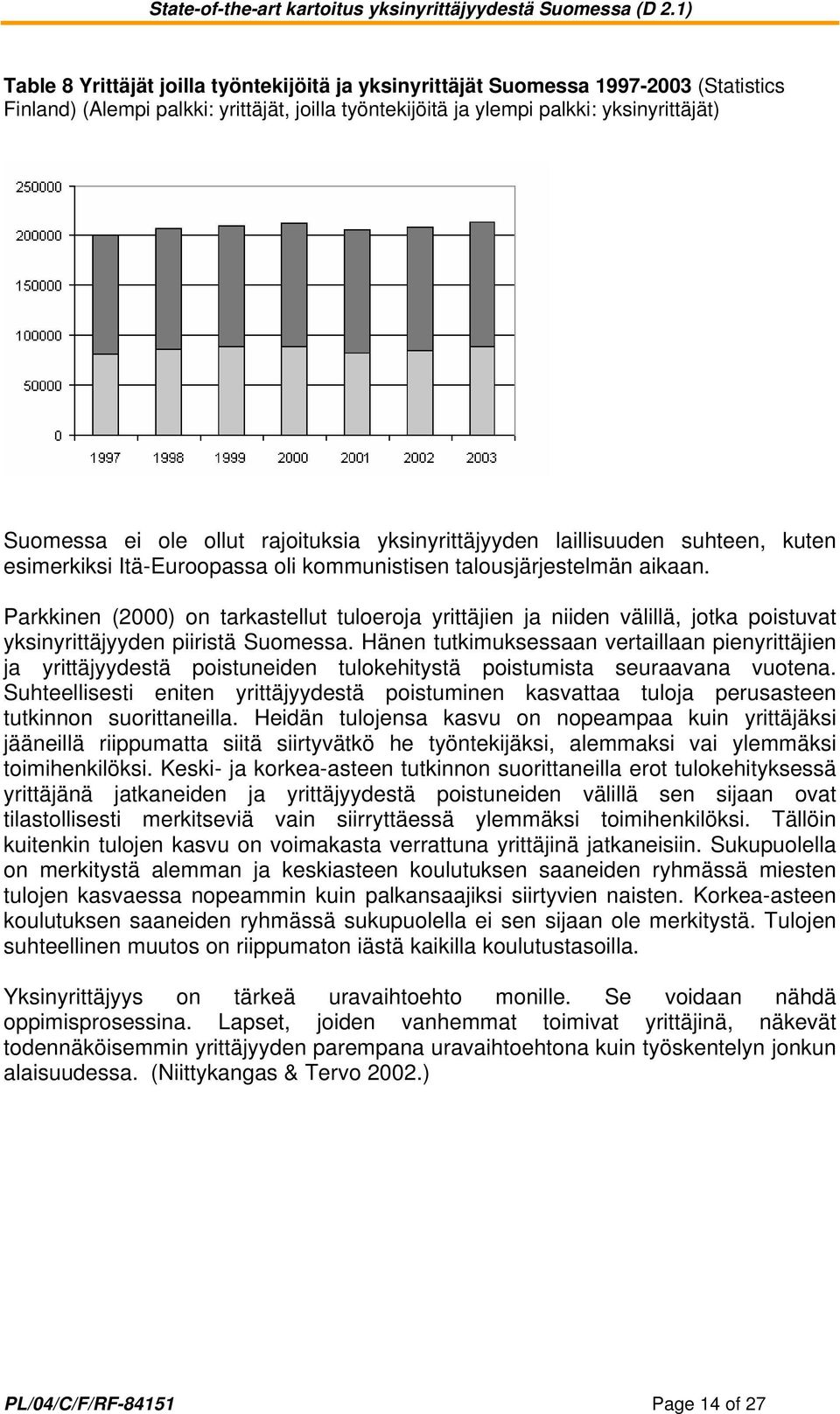 Parkkinen (2000) on tarkastellut tuloeroja yrittäjien ja niiden välillä, jotka poistuvat yksinyrittäjyyden piiristä Suomessa.