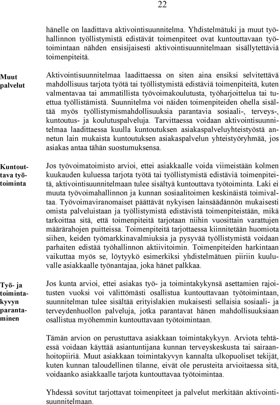 Muut palvelut Yhdessä sovitut tarjottavat toimenpiteet ja palvelut merkitään aktivointisuunnitelmaan.