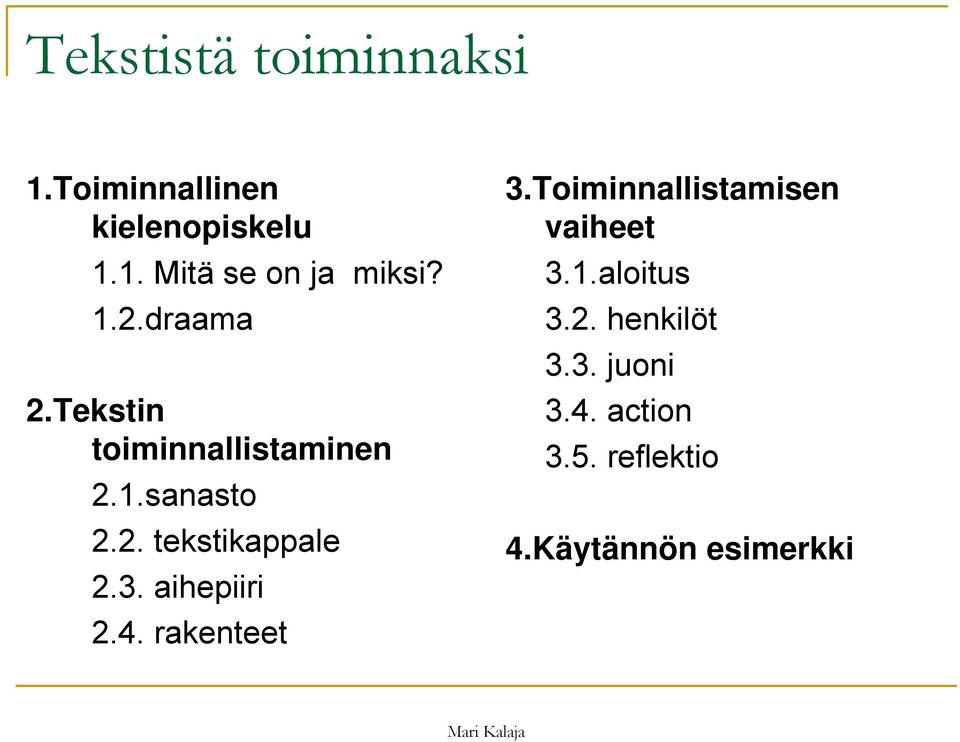 3. aihepiiri 2.4. rakenteet 3.Toiminnallistamisen vaiheet 3.1.aloitus 3.2. henkilöt 3.