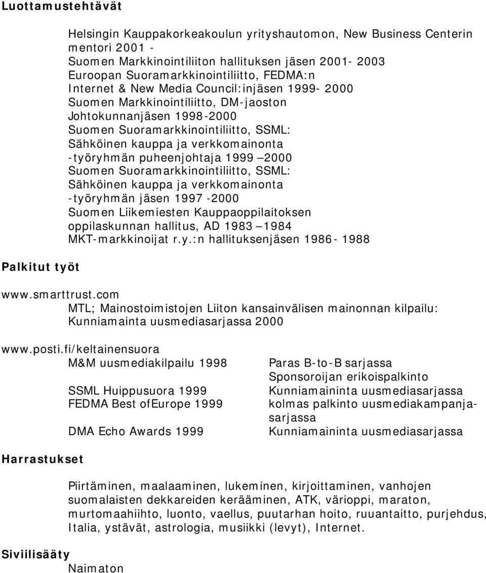ja verkkomainonta -työryhmän puheenjohtaja 1999 2000 Suomen Suoramarkkinointiliitto, SSML: Sähköinen kauppa ja verkkomainonta -työryhmän jäsen 1997-2000 Suomen Liikemiesten Kauppaoppilaitoksen