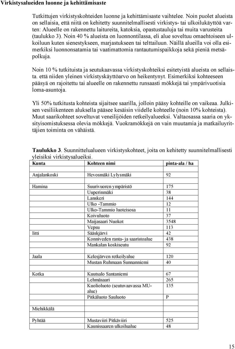 (taulukko 3). Noin 40 % alueista on luonnontilassa, eli alue soveltuu omaehtoiseen ulkoiluun kuten sienestykseen, marjastukseen tai telttailuun.