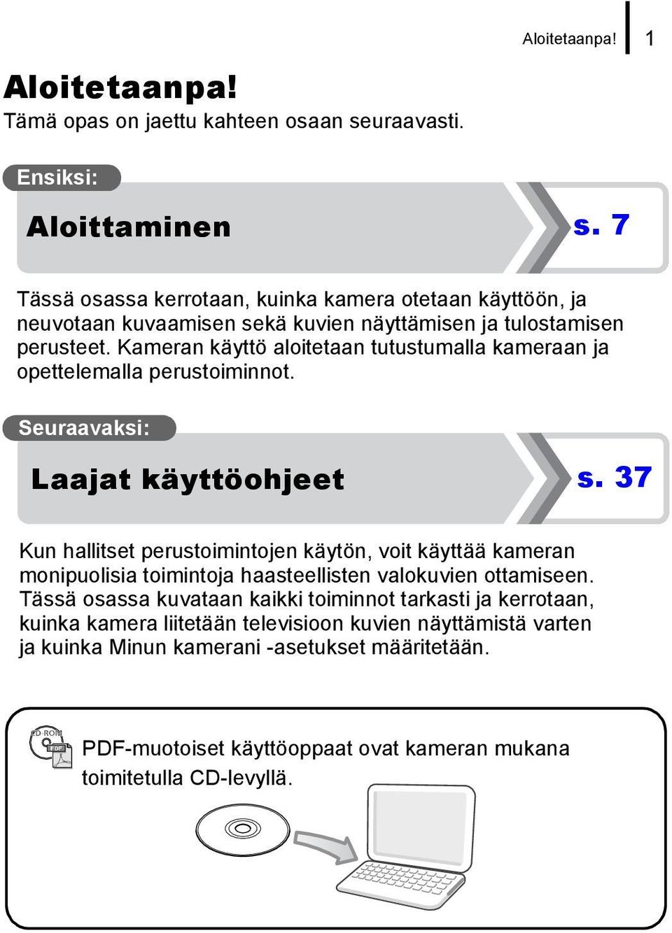 Kameran käyttö aloitetaan tutustumalla kameraan ja opettelemalla perustoiminnot. Seuraavaksi: Laajat käyttöohjeet s.