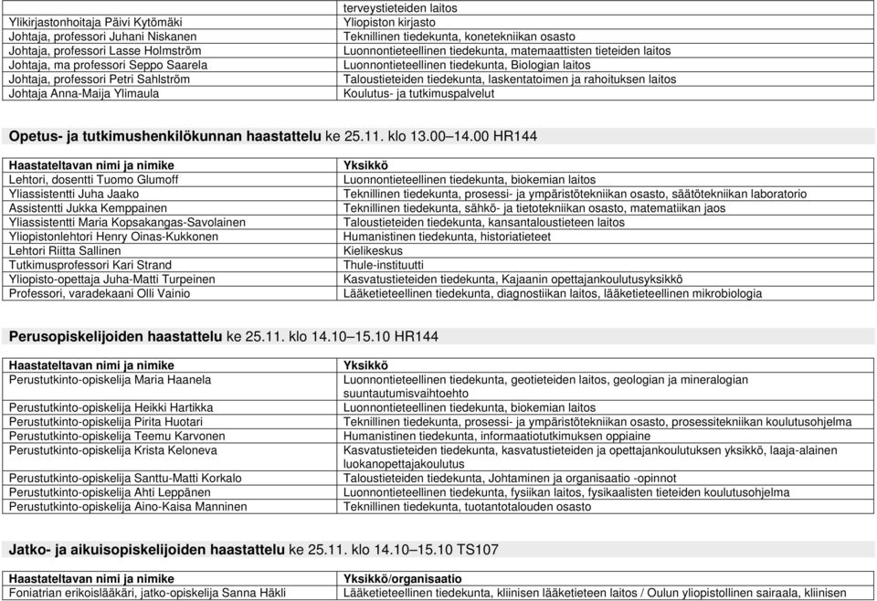 Biologian laitos Taloustieteiden tiedekunta, laskentatoimen ja rahoituksen laitos Opetus- ja tutkimushenkilökunnan haastattelu ke 25.11. klo 13.00 14.