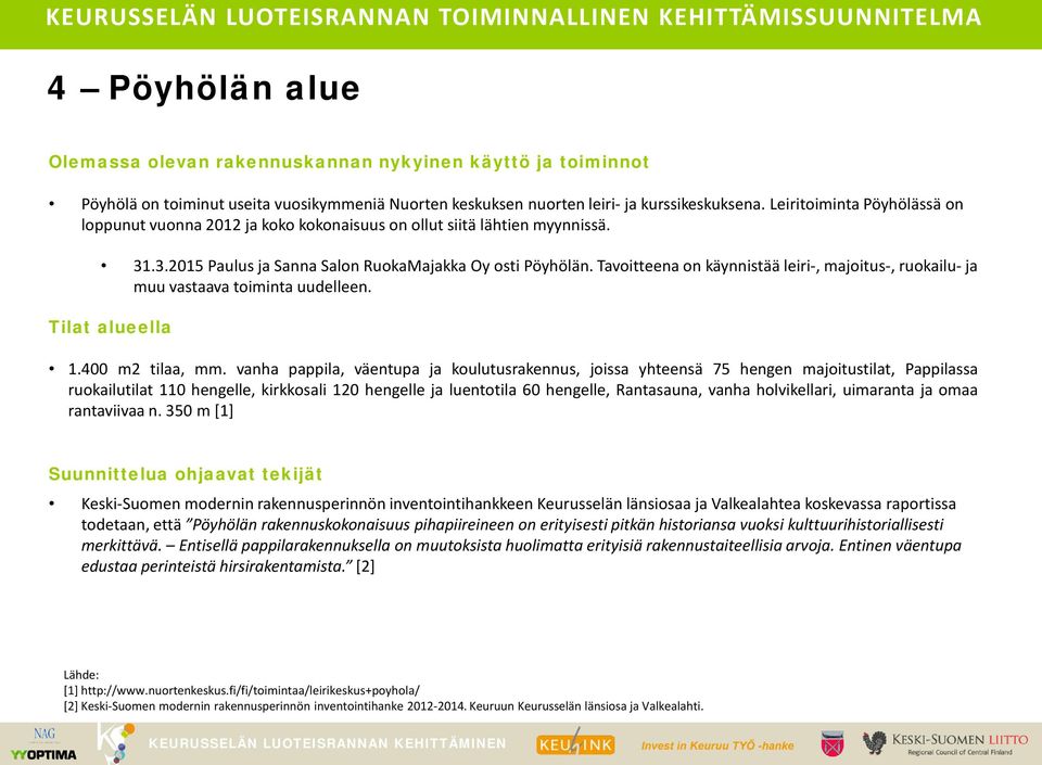 Tavoitteena on käynnistää leiri-, majoitus-, ruokailu- ja muu vastaava toiminta uudelleen. Tilat alueella 1.400 m2 tilaa, mm.