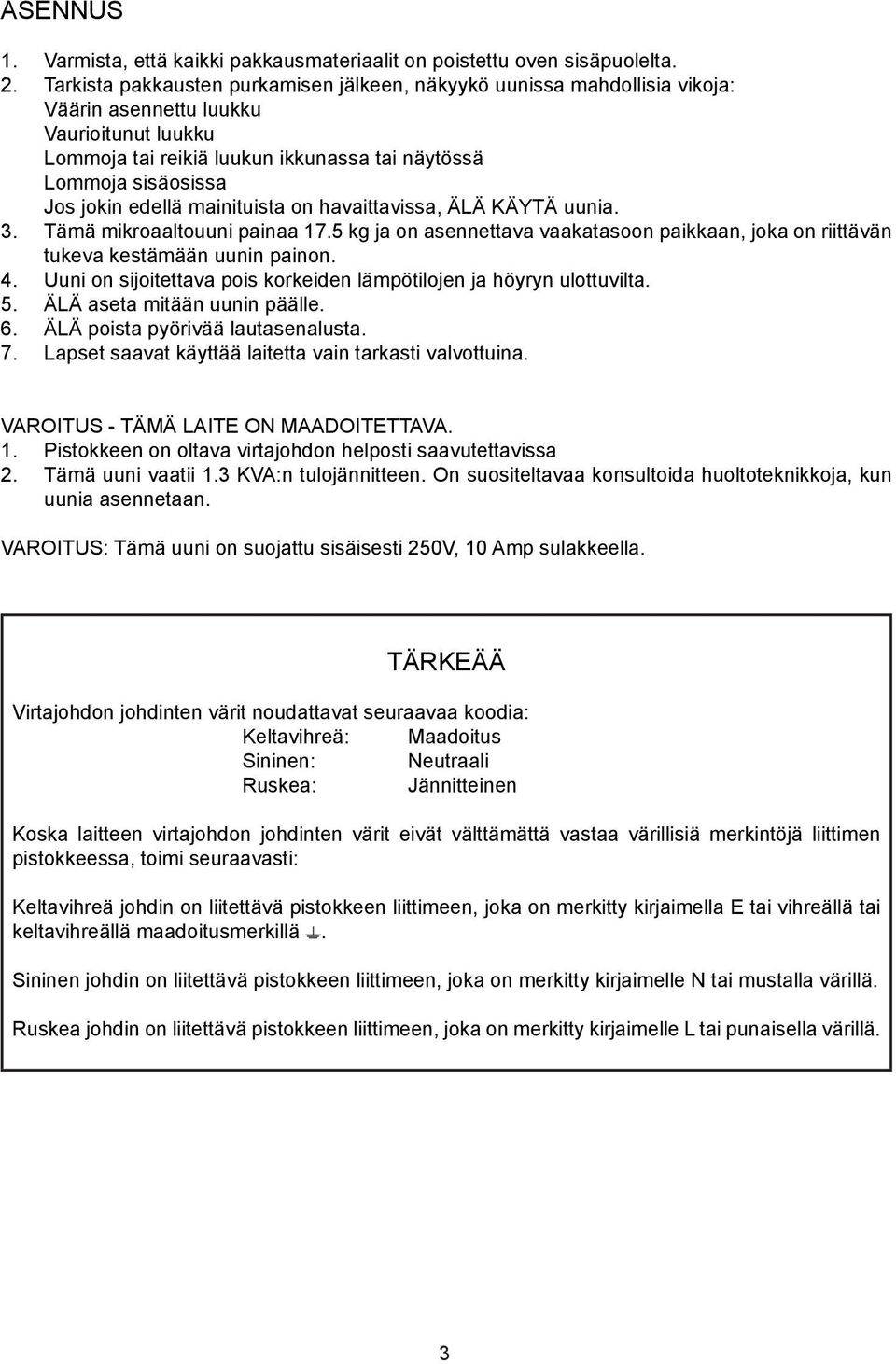 edellä mainituista on havaittavissa, ÄLÄ KÄYTÄ uunia. 3. Tämä mikroaaltouuni painaa 17.5 kg ja on asennettava vaakatasoon paikkaan, joka on riittävän tukeva kestämään uunin painon. 4.