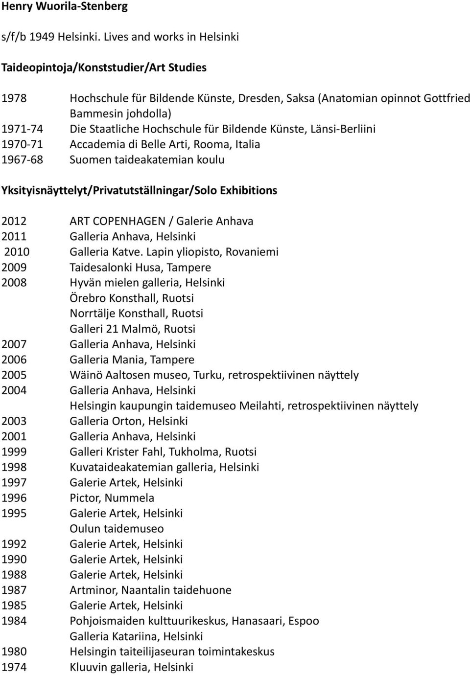 Hochschule für Bildende Künste, Länsi-Berliini 1970-71 Accademia di Belle Arti, Rooma, Italia 1967-68 Suomen taideakatemian koulu Yksityisnäyttelyt/Privatutställningar/Solo Exhibitions 2012 ART