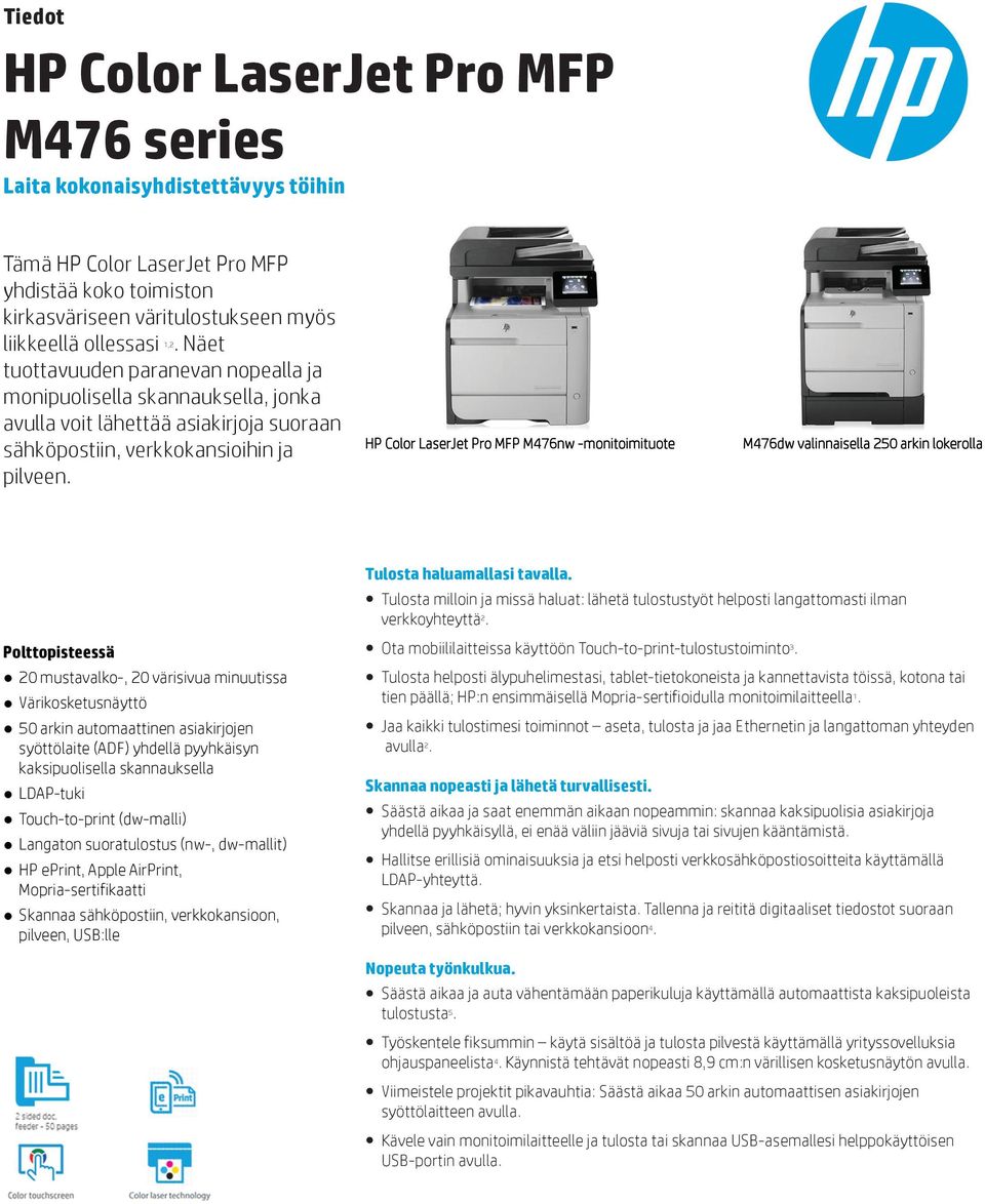 M476dw valinnaisella 250 arkin lla Polttopisteessä 20 mustavalko-, 20 värisivua minuutissa Värikosketusnäyttö 50 arkin automaattinen asiakirjojen syöttölaite (ADF) yhdellä pyyhkäisyn kaksipuolisella