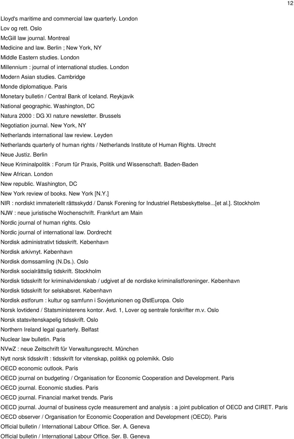 Washington, DC Natura 2000 : DG XI nature newsletter. Brussels Negotiation journal. New York, NY Netherlands international law review.