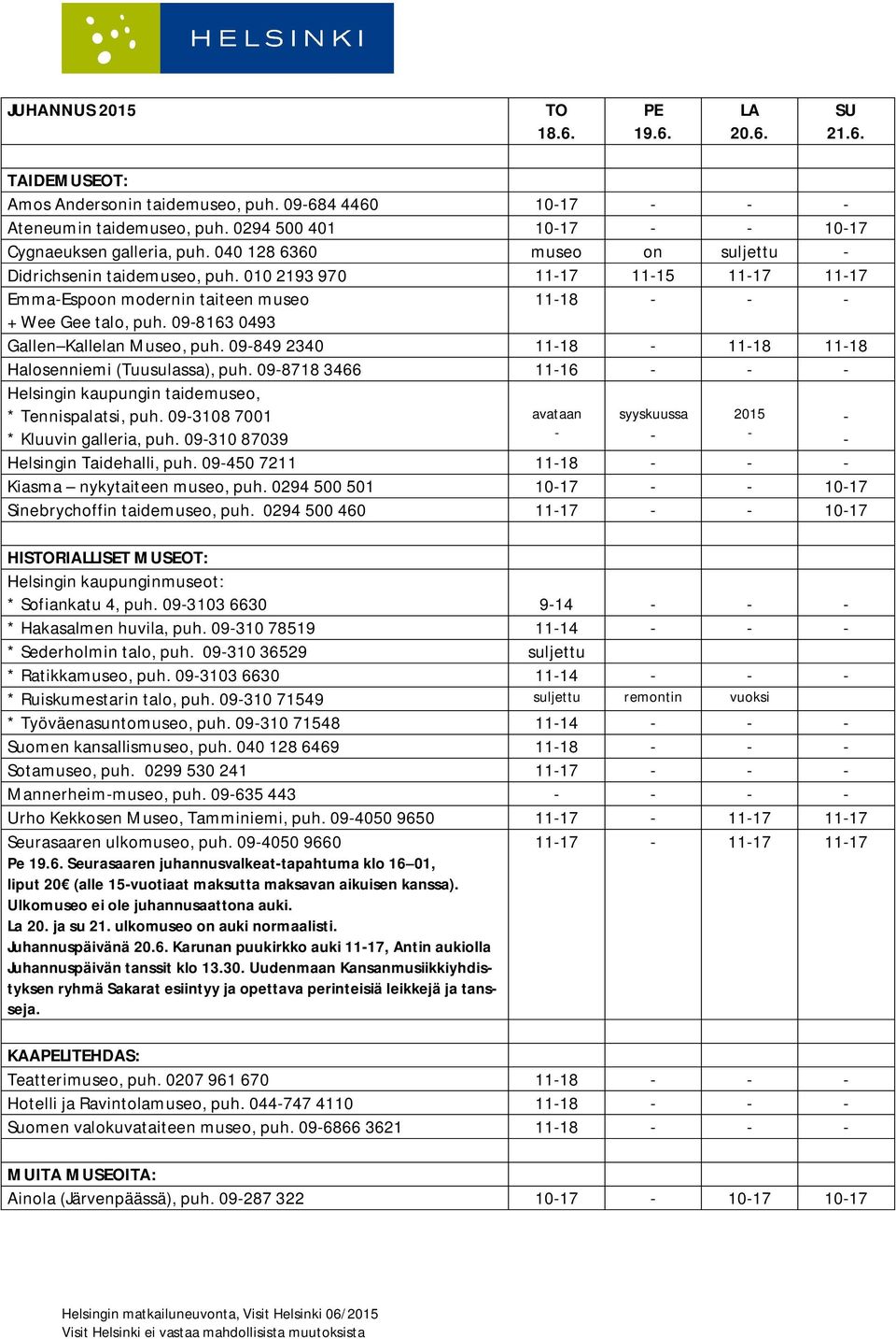 098718 3466 1116 Helsingin kaupungin taidemuseo, * Tennispalatsi, puh. 093108 7001 * Kluuvin galleria, puh. 09310 87039 avataan syyskuussa Helsingin Taidehalli, puh.