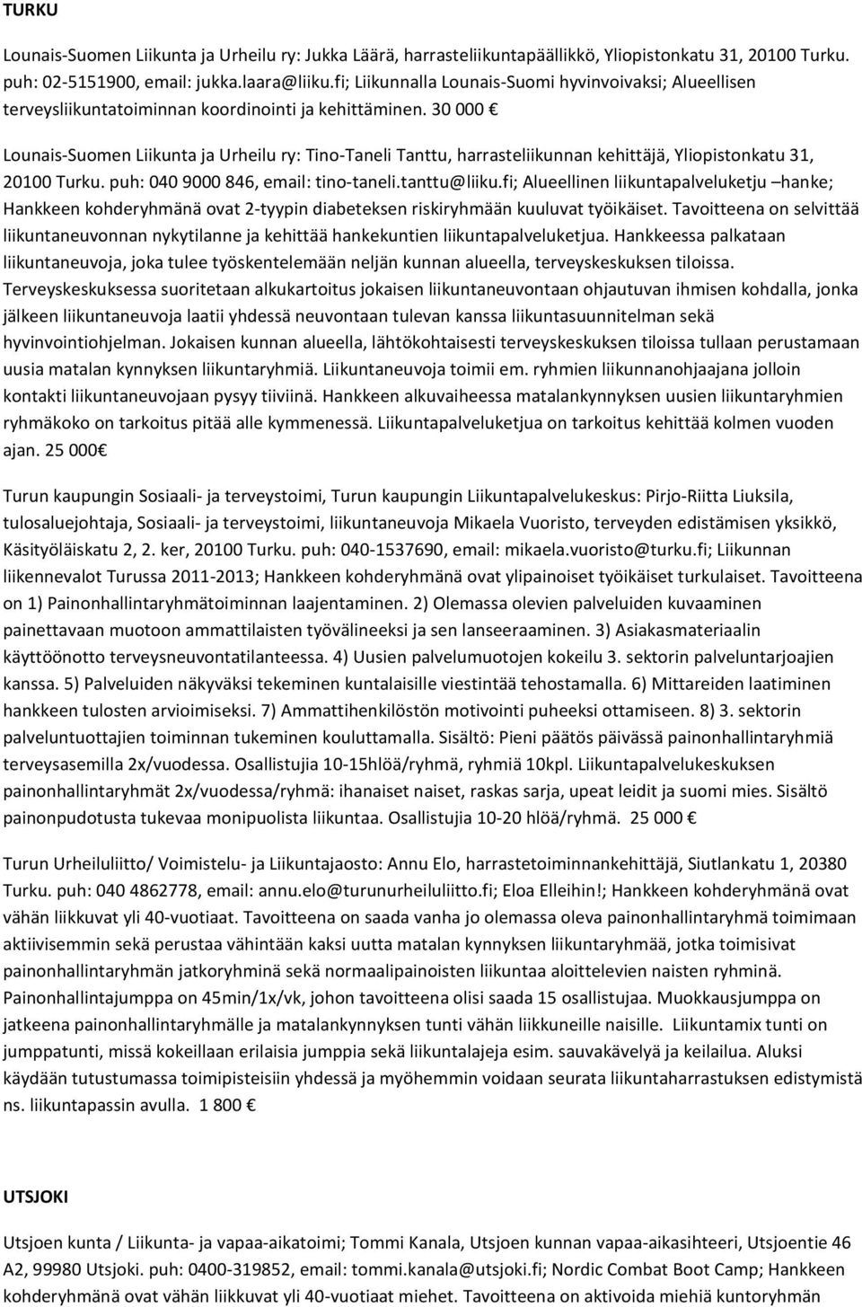 30 000 Lounais-Suomen Liikunta ja Urheilu ry: Tino-Taneli Tanttu, harrasteliikunnan kehittäjä, Yliopistonkatu 31, 20100 Turku. puh: 040 9000 846, email: tino-taneli.tanttu@liiku.