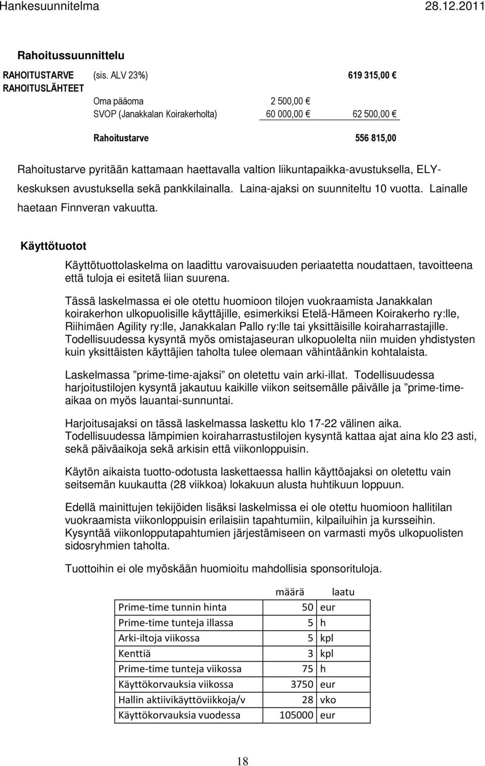 liikuntapaikka-avustuksella, ELYkeskuksen avustuksella sekä pankkilainalla. Laina-ajaksi on suunniteltu 10 vuotta. Lainalle haetaan Finnveran vakuutta.