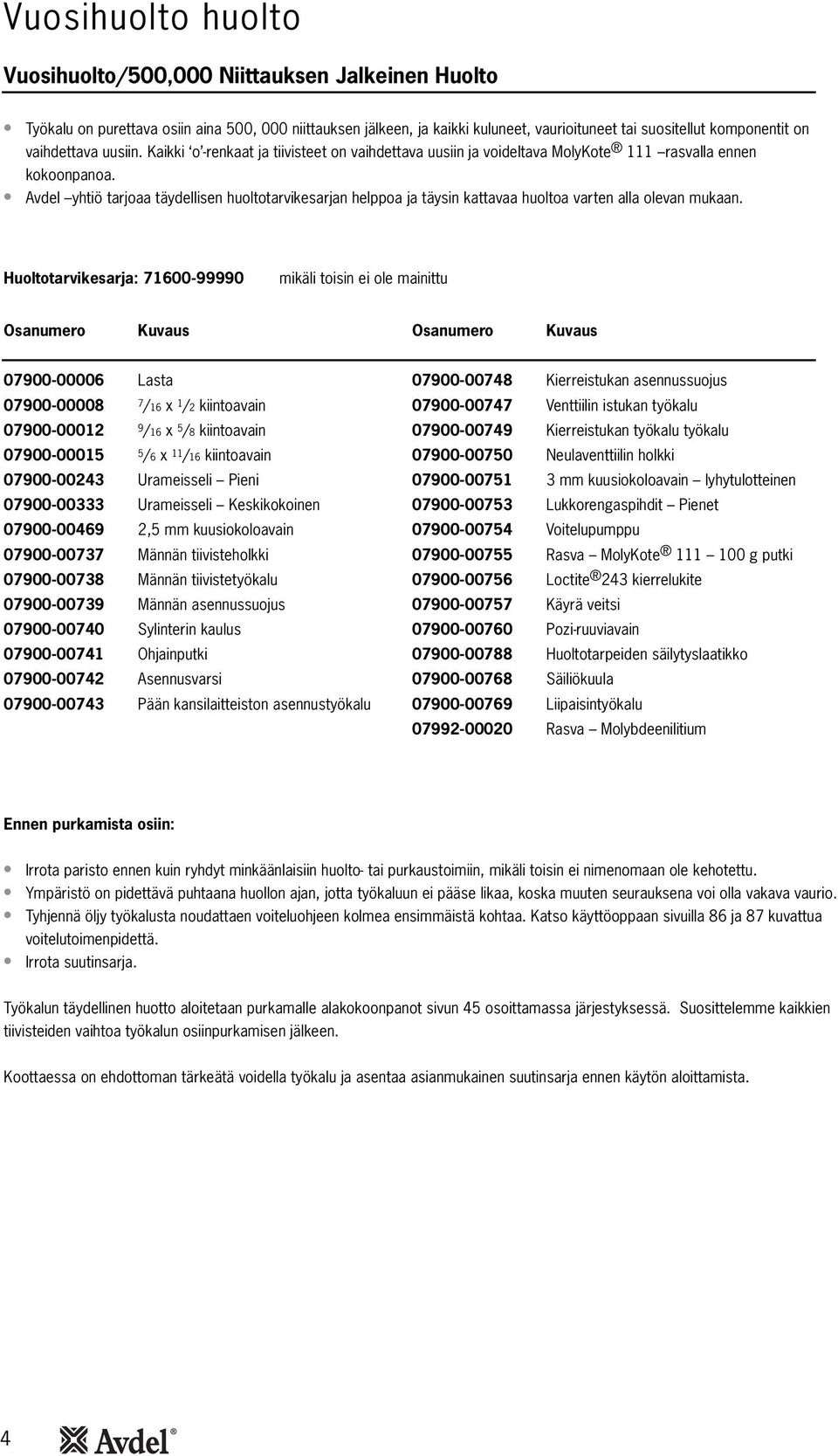 Avdel yhtiö tarjoaa täydellisen huoltotarvikesarjan helppoa ja täysin kattavaa huoltoa varten alla olevan mukaan.