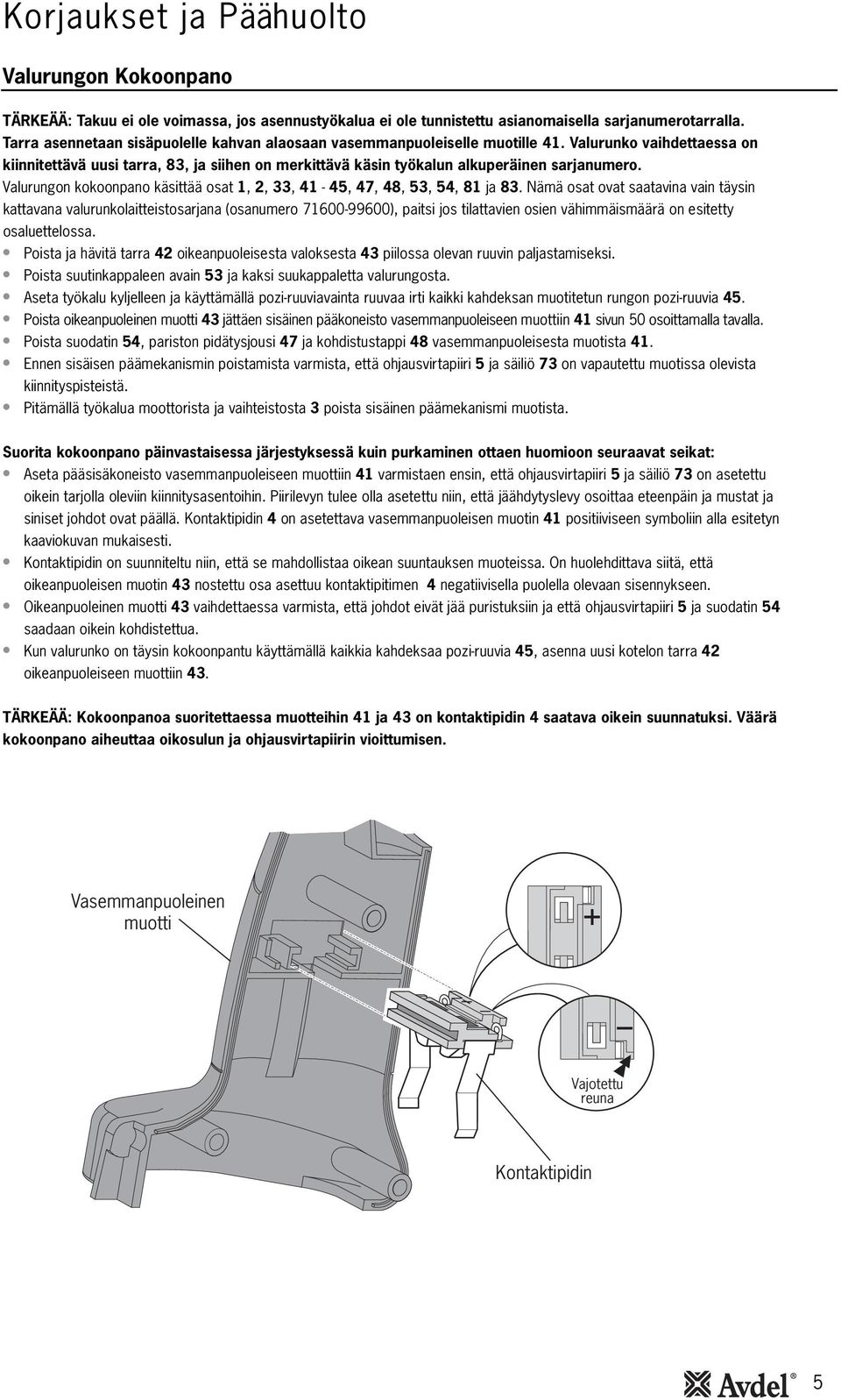 Valurungon kokoonpano käsittää osat 1, 2, 33, 41-45, 47, 48, 53, 54, 81 ja 83.