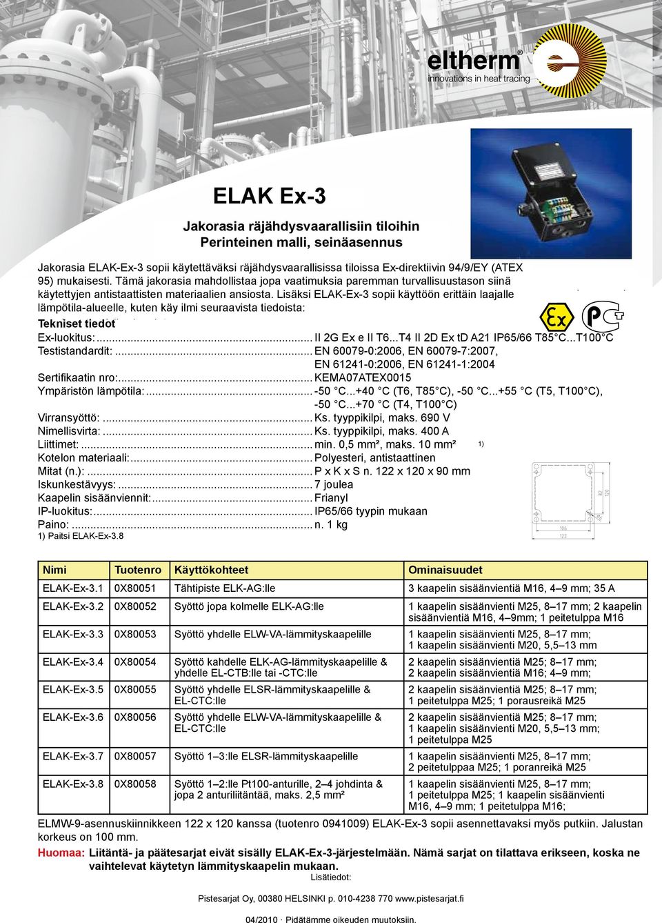 junction box Tämä ELAK-Ex-3 jakorasia is mahdollistaa suitable for use jopa in vaatimuksia hazardous areas paremman according turvallisuustason to the Ex guidelines siinä 94/9/EG (ATEX 95).