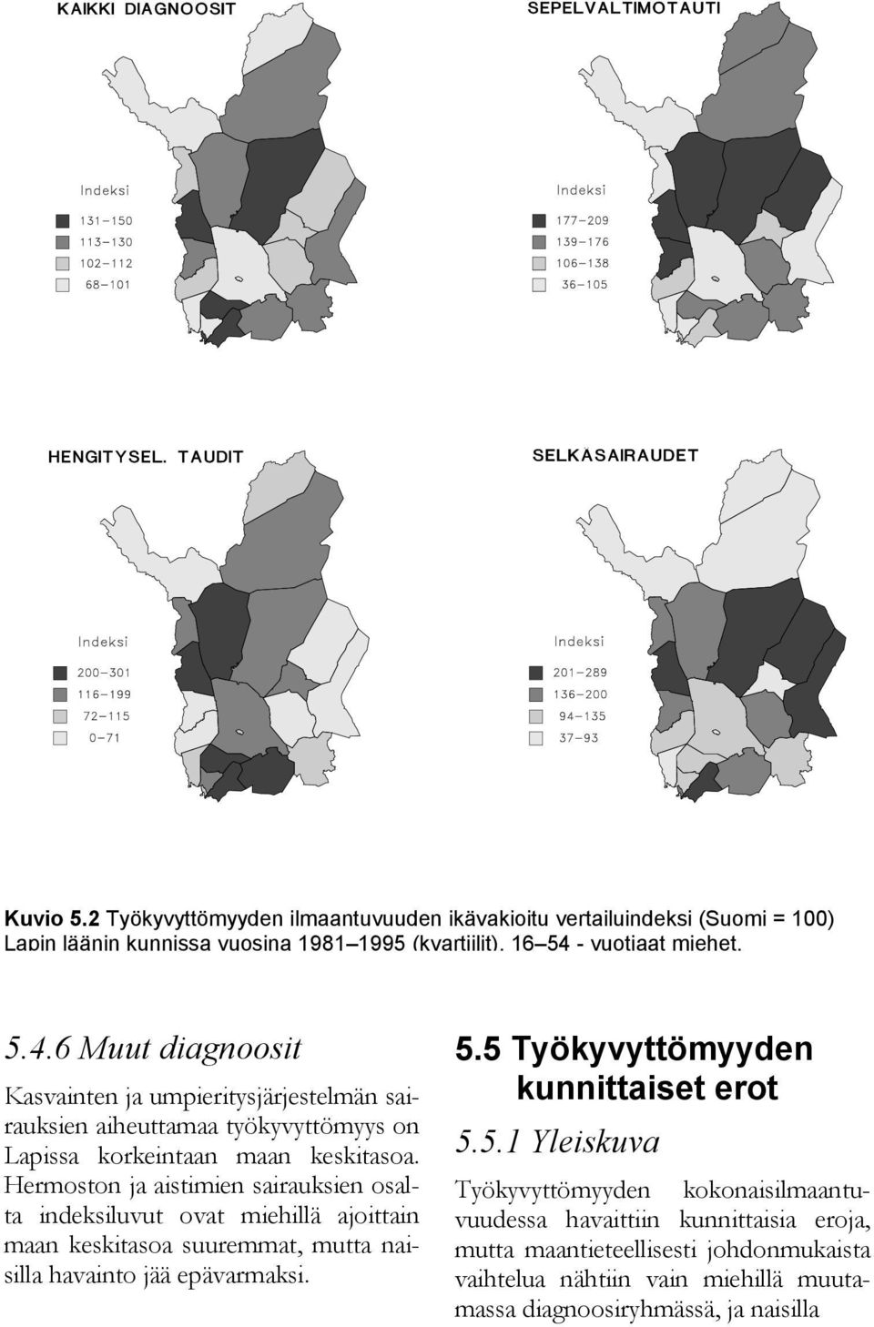 Hermoston ja aistimien sairauksien osalta indeksiluvut ovat miehillä ajoittain maan keskitasoa suuremmat, mutta naisilla havainto jää epävarmaksi. 5.